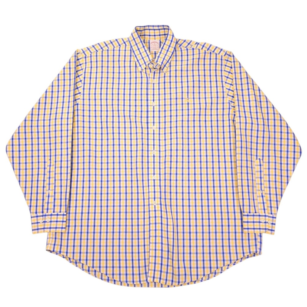 Brooks Brothers 346 Shirt Mens XL Blue Yellow Tattersall Plaid Non-Iron Cotton